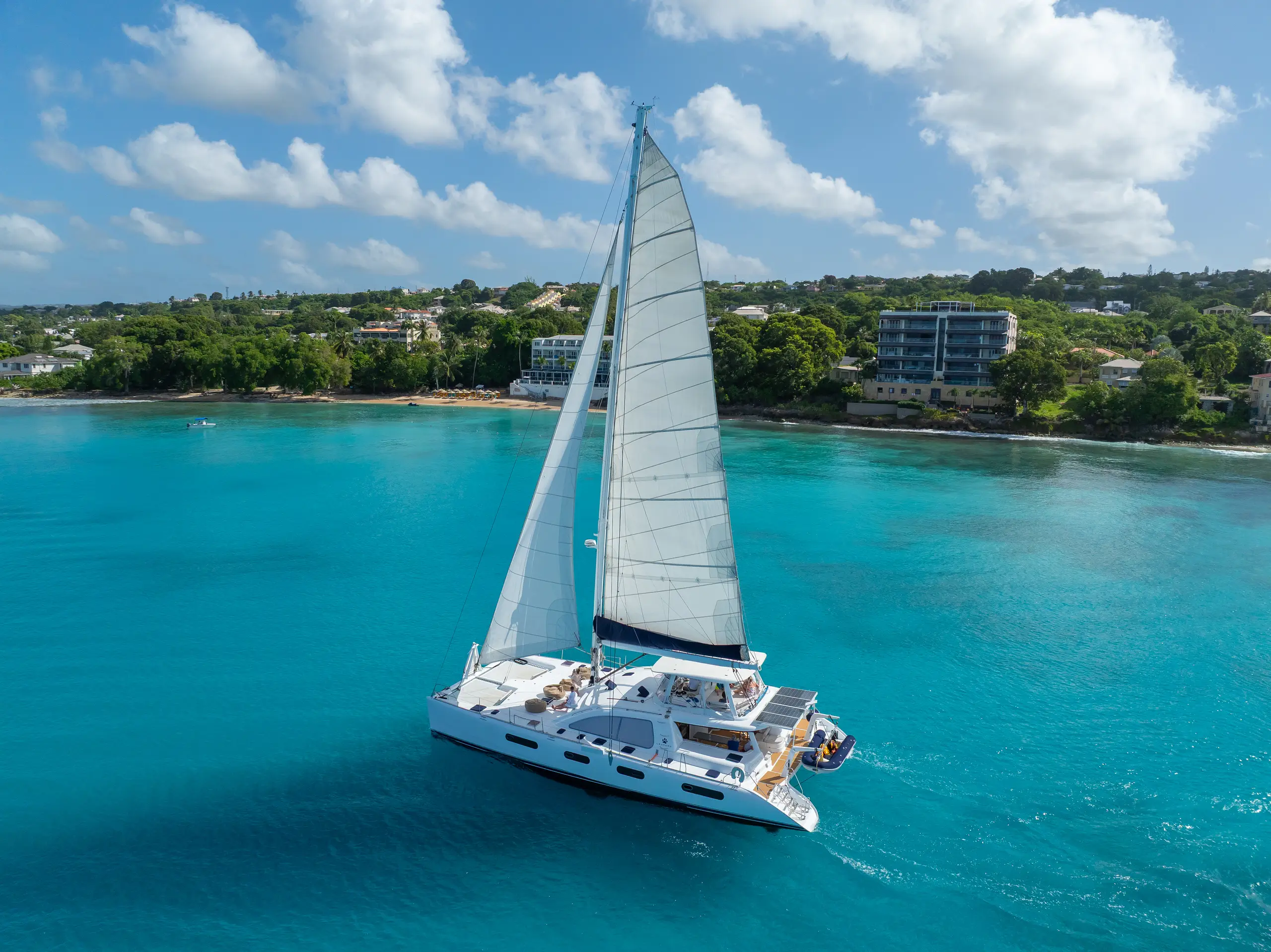 Luxury catamaran sailing along the West Coast of Barbados