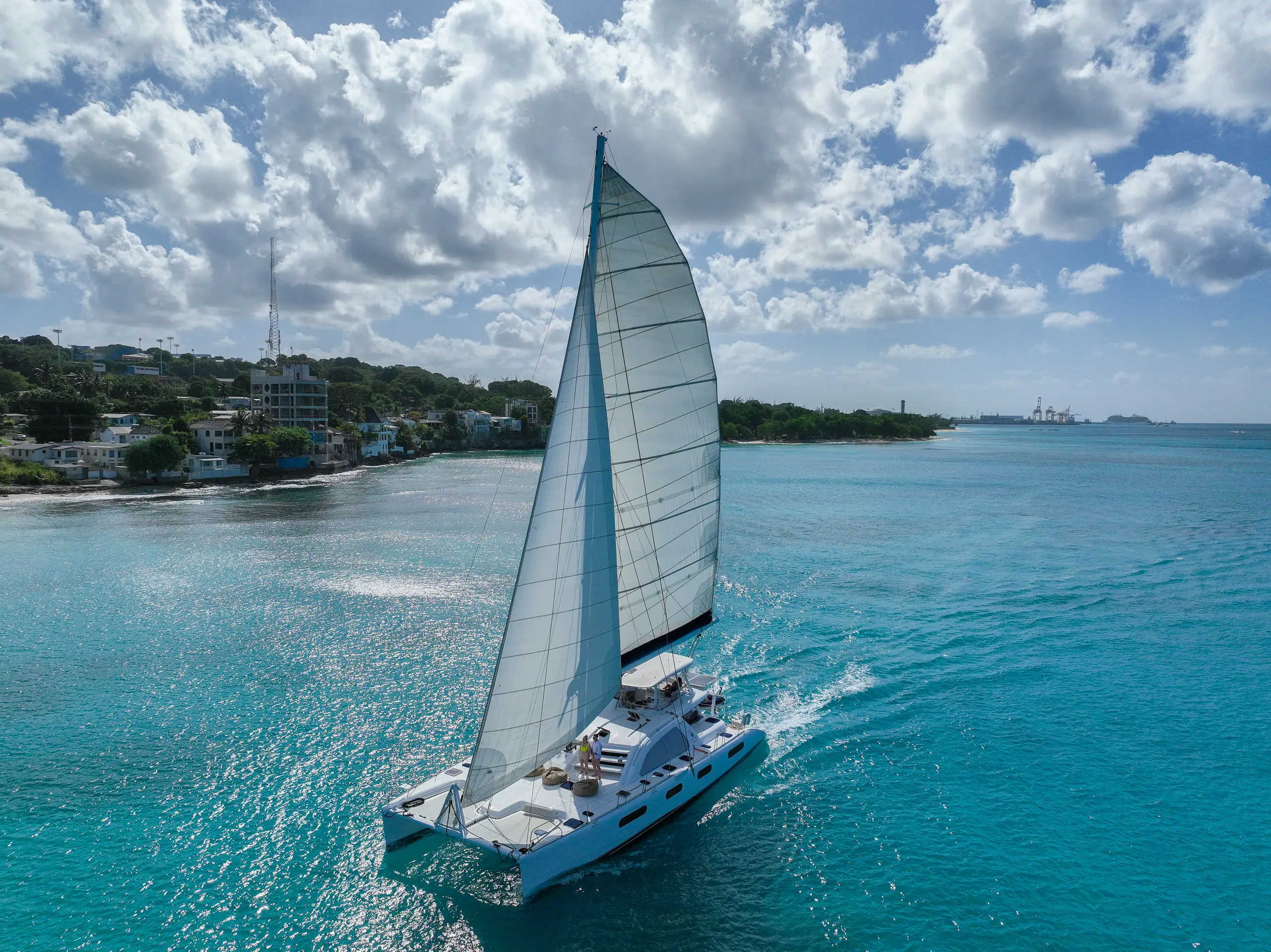 Silver Moon under sail near Bridgetown harbour