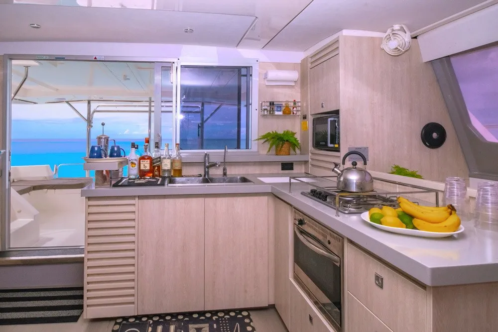 Fully equipped galley with bar and ocean views